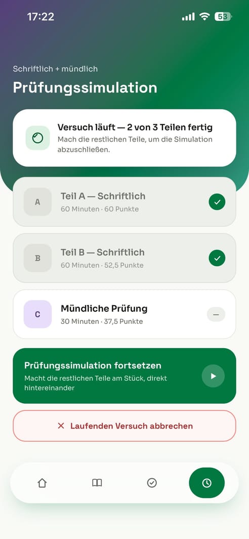 Prüfungssimulation in der TaxiChef-App mit zwei schriftlichen Teilen und mündlicher Prüfung