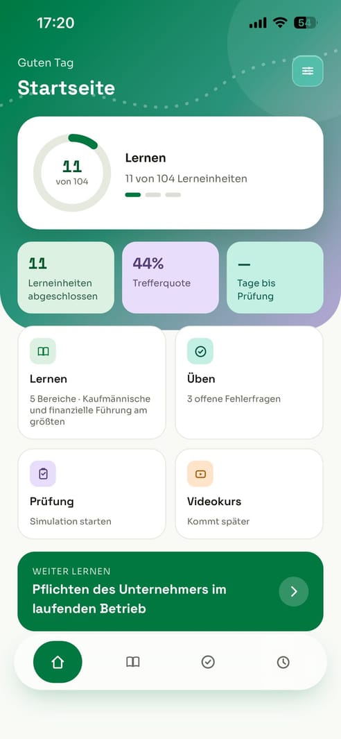 Startseite der TaxiChef-App mit Lernfortschritt und Trefferquote